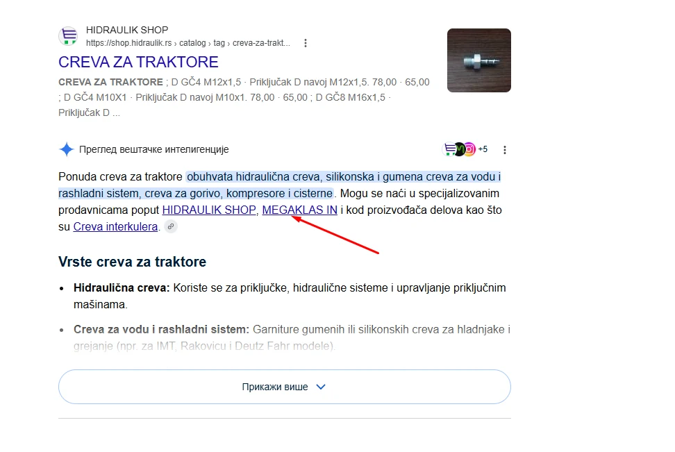 Google AI pregled za creva za traktore sa creva.co.rs kao relevantnim izvorom