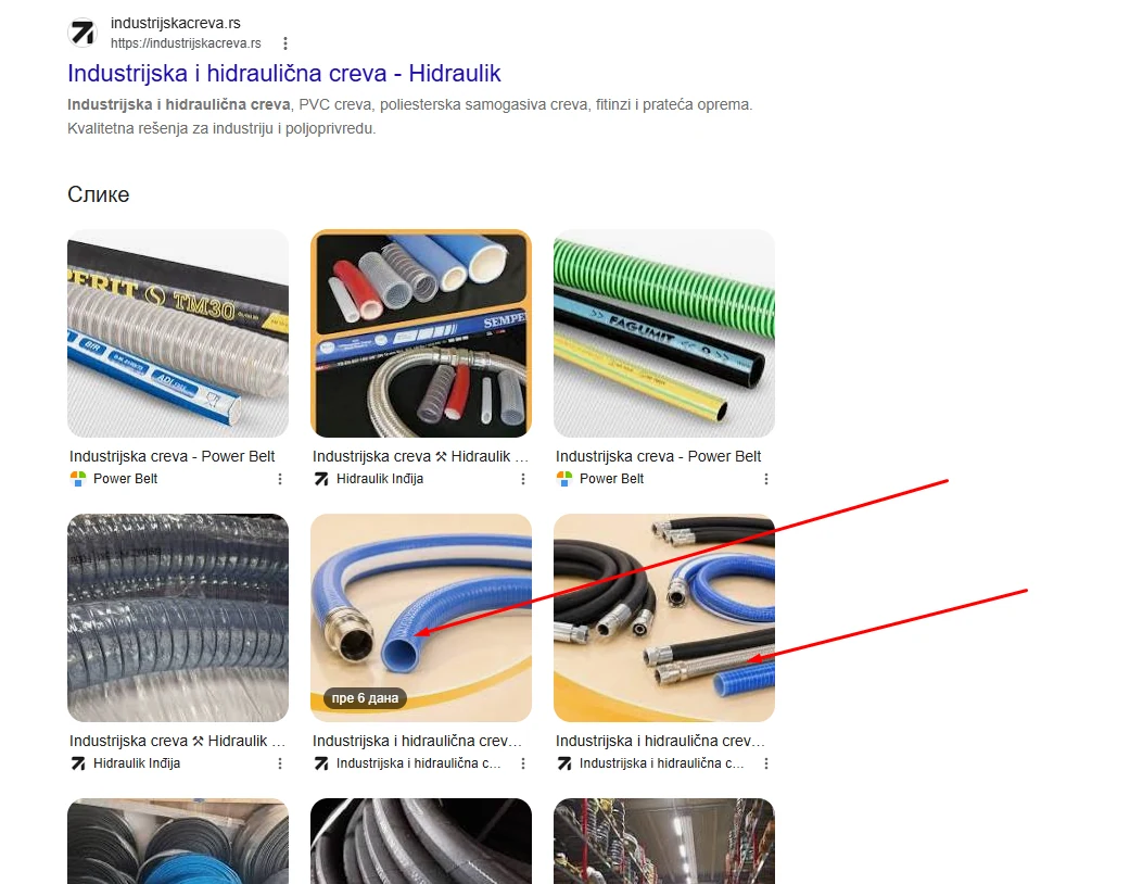 Google rezultat i Google Images prikaz za industrijska i hidraulična creva - industrijskacreva.rs