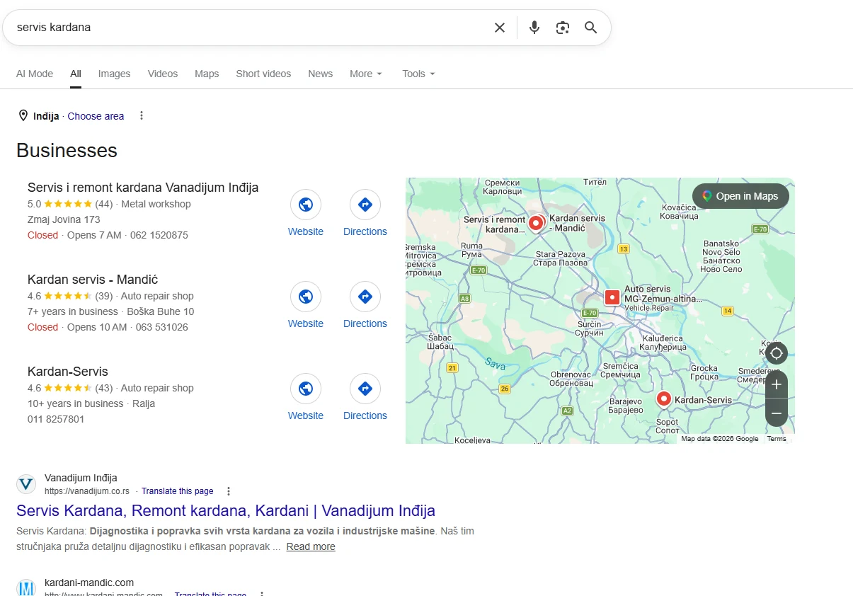 Google rezultat i Google Business za servis kardana - Vanadijum Inđija