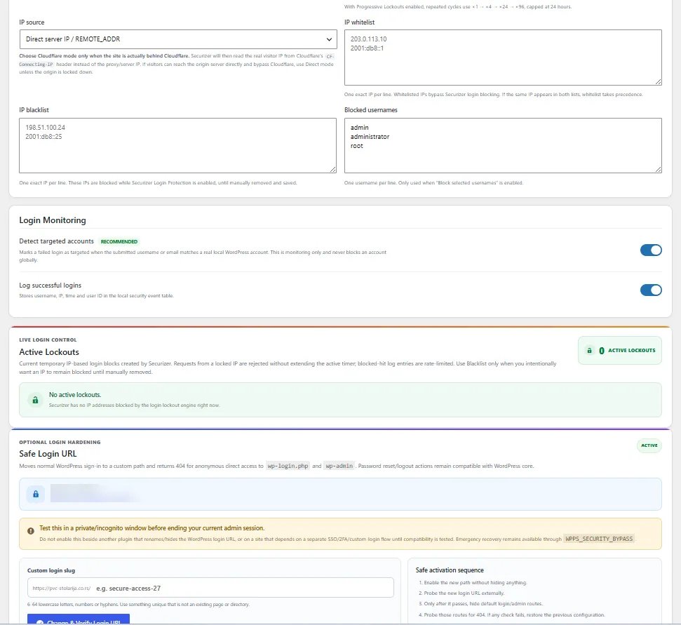 Securizer Login Protection i Safe Login URL