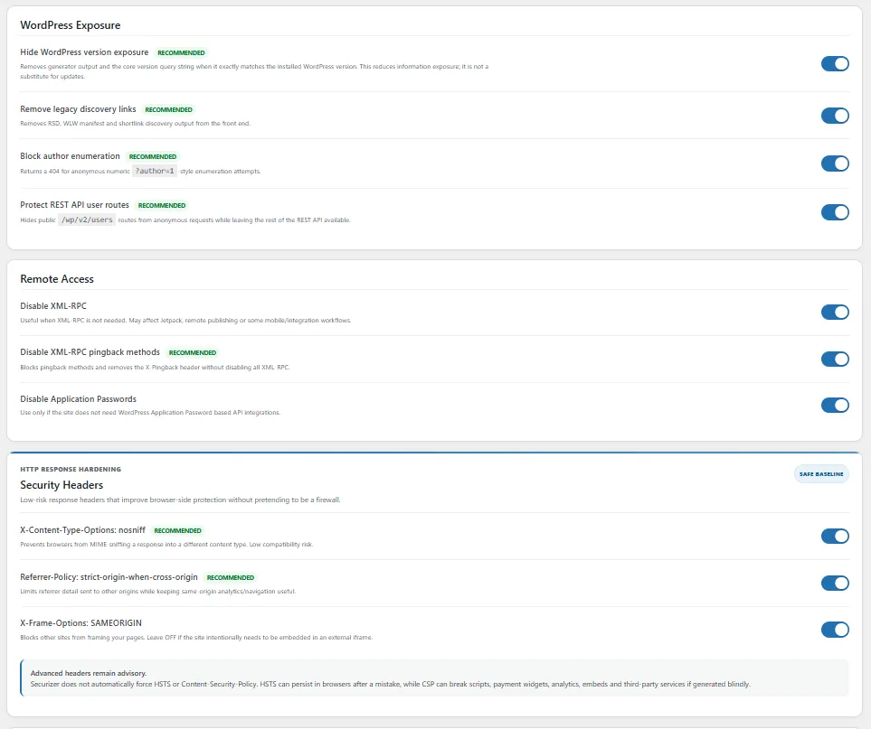Securizer WordPress Hardening