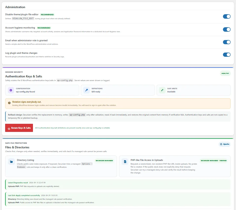 Securizer Administrative Hardening, Authentication Keys and Salts i Safe File Protection