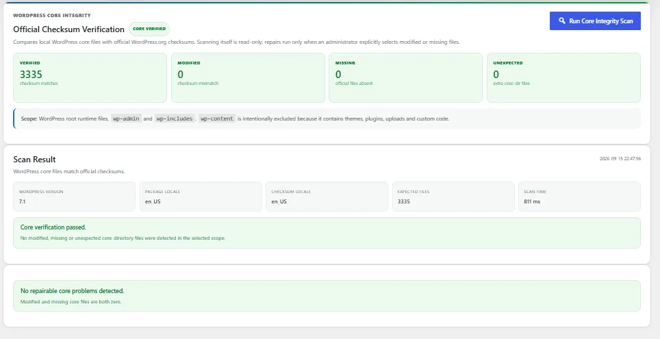Securizer Core Integrity provera WordPress fajlova